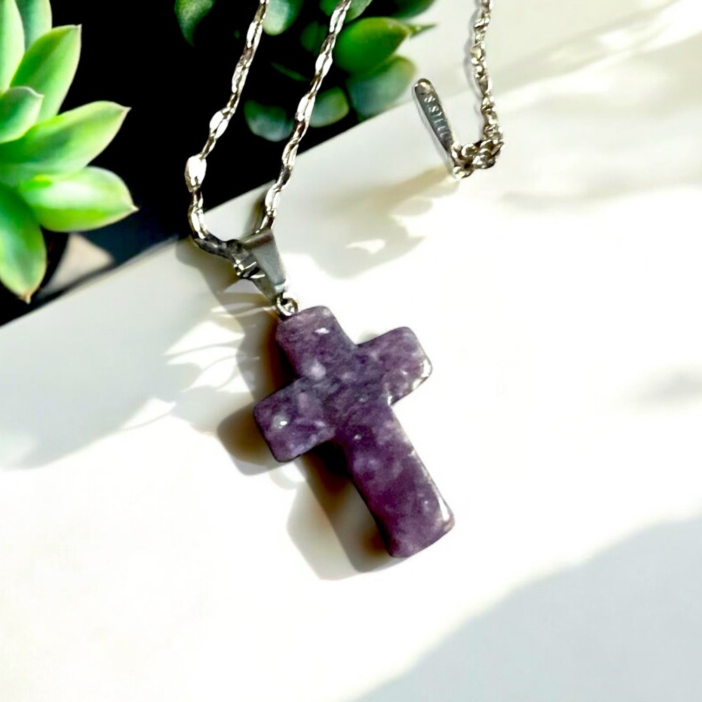 Amethyst Cross Pendant on Stainless Steel Chain - Picture 3 of 6